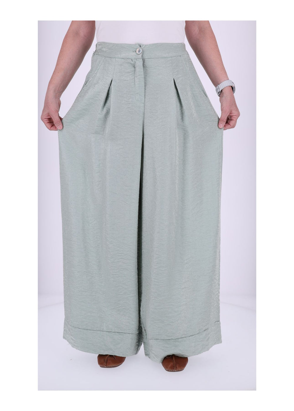 Damen Hose mit weitem Bein – Metallic Hellgrün