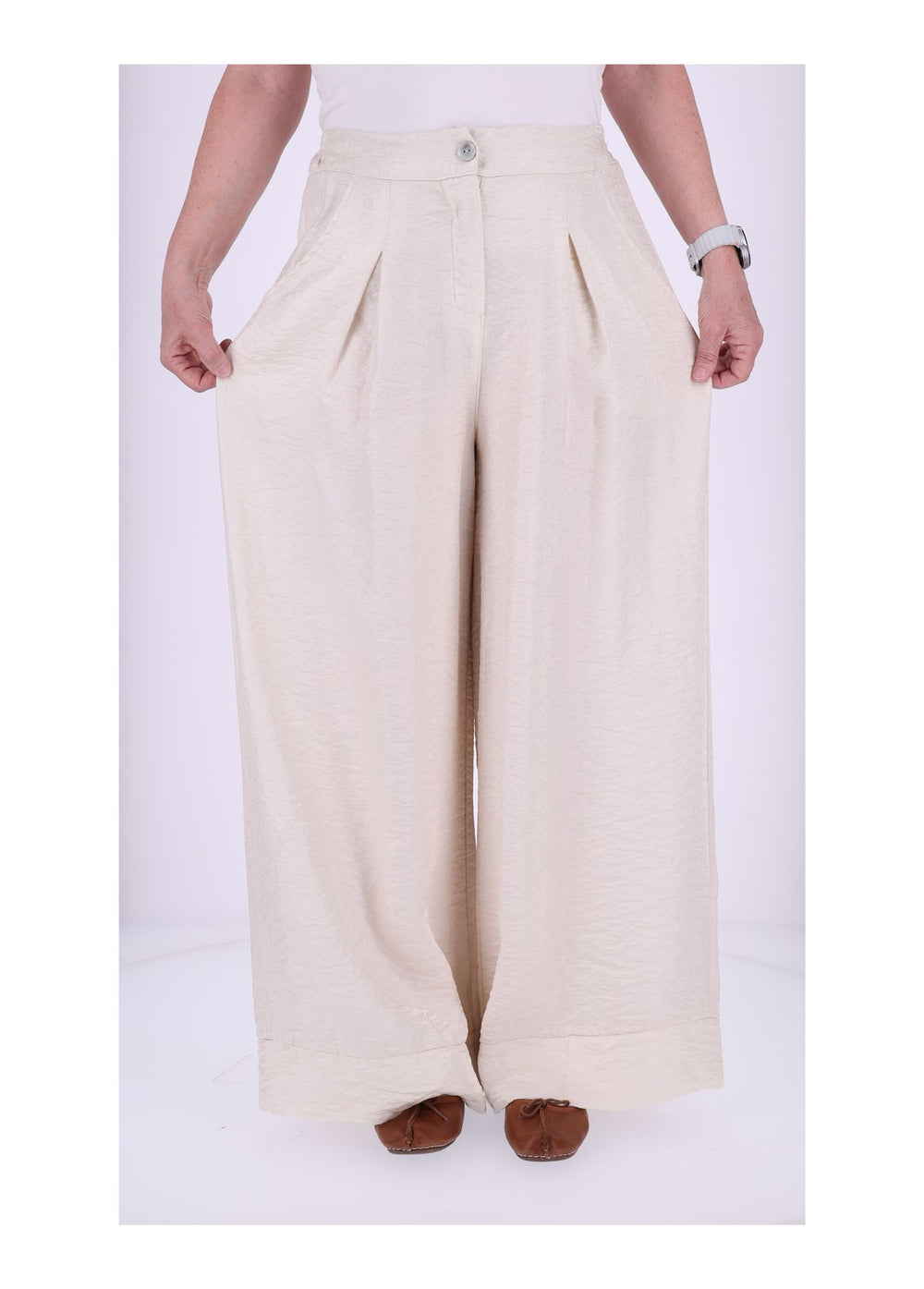 Damen Hose mit weitem Bein – Metallic Beige