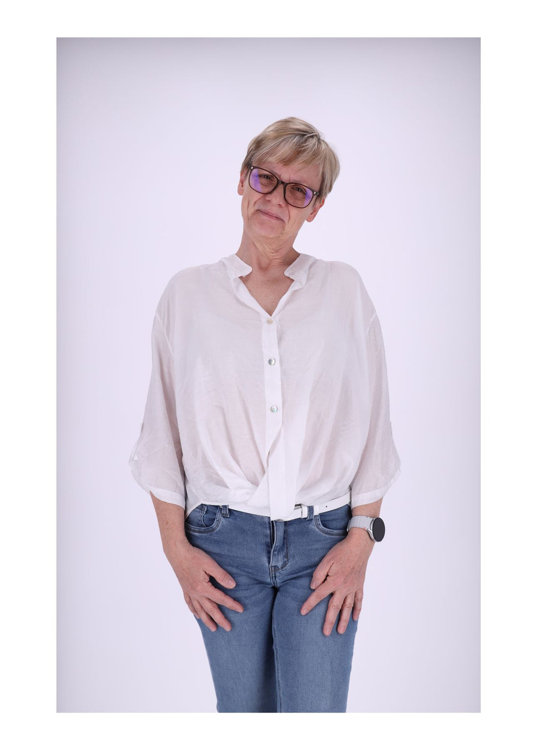 Bluse Damen Stehkragen Krempelarm 3/4 Arm