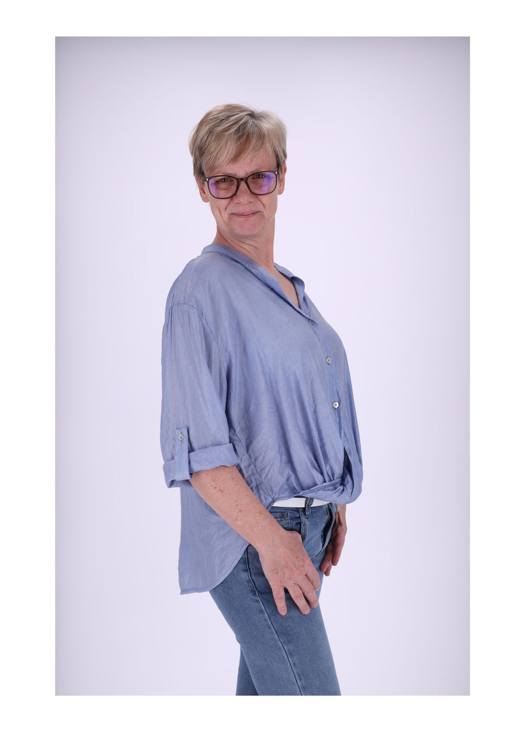 Bluse Damen Stehkragen Krempelarm 3/4 Arm