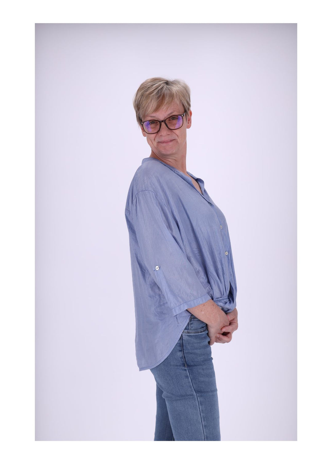 Bluse Damen Stehkragen Krempelarm 3/4 Arm