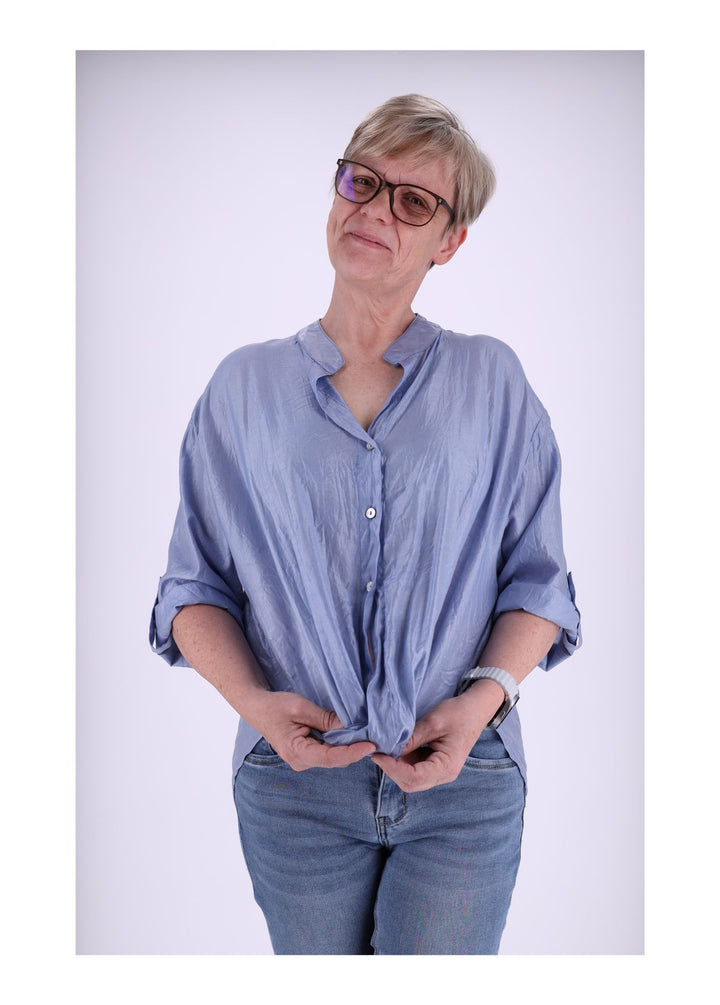 Bluse Damen Stehkragen Krempelarm 3/4 Arm