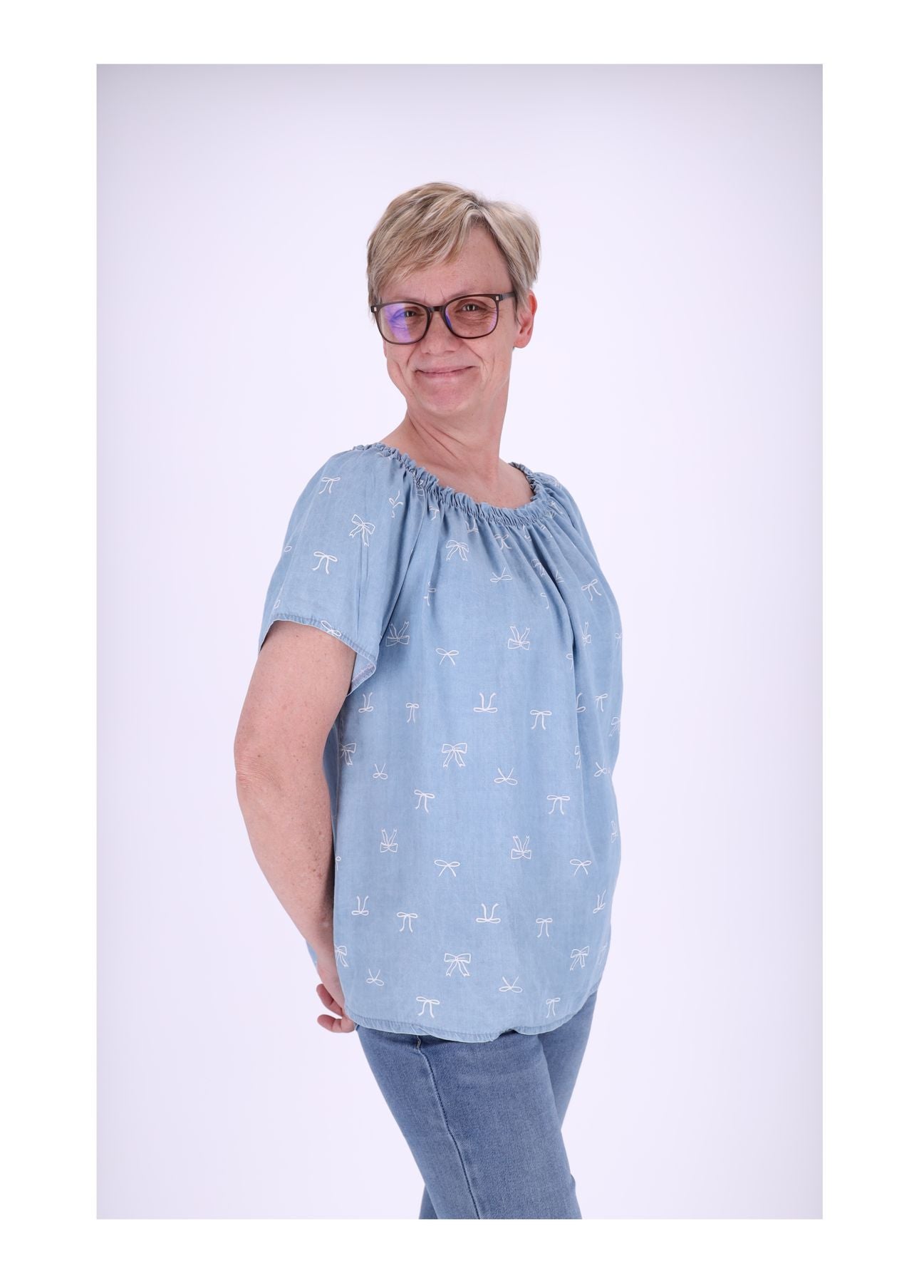 Carmenshirt Damen 1/2 Arm AOP Schleifen