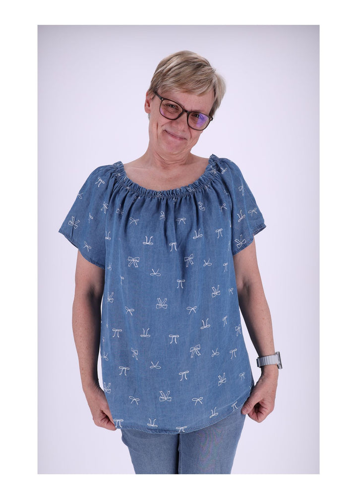 Carmenshirt Damen 1/2 Arm AOP Schleifen