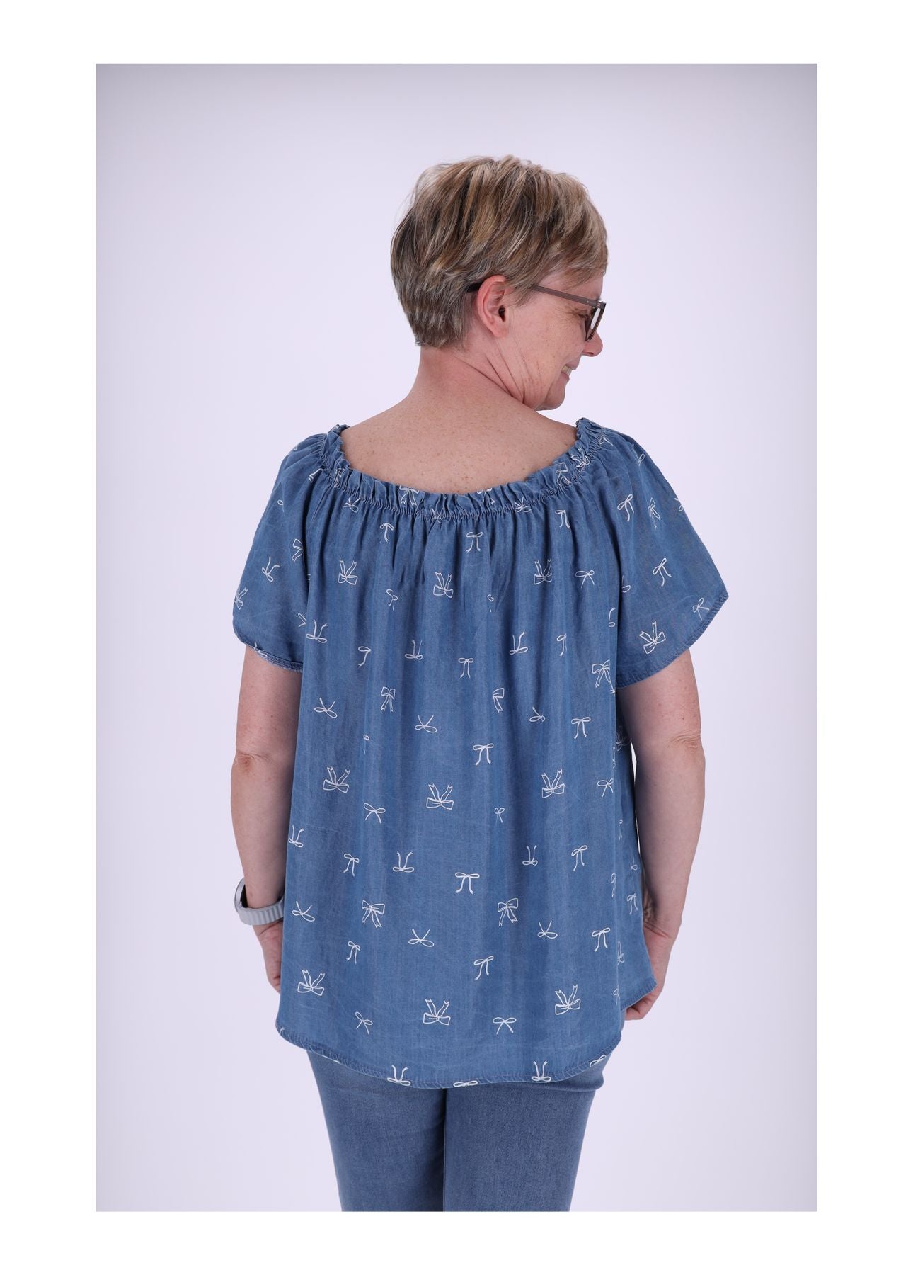 Carmenshirt Damen 1/2 Arm AOP Schleifen