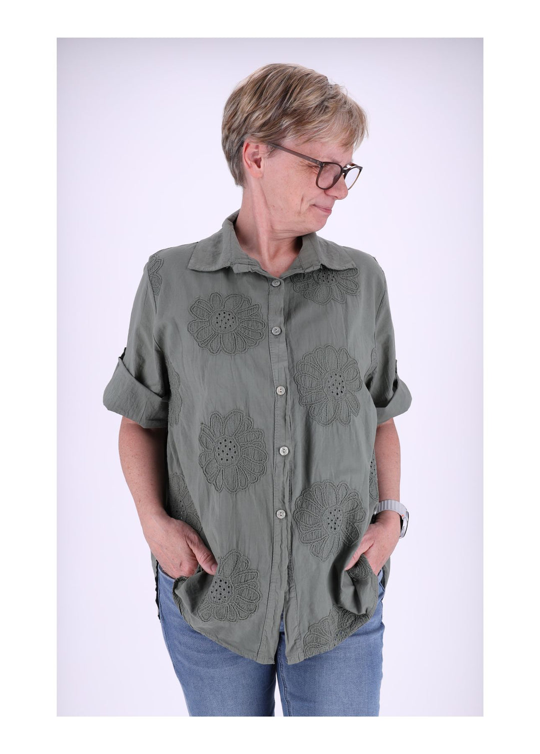 Bluse Stickerei Kurzarm Krempelarm