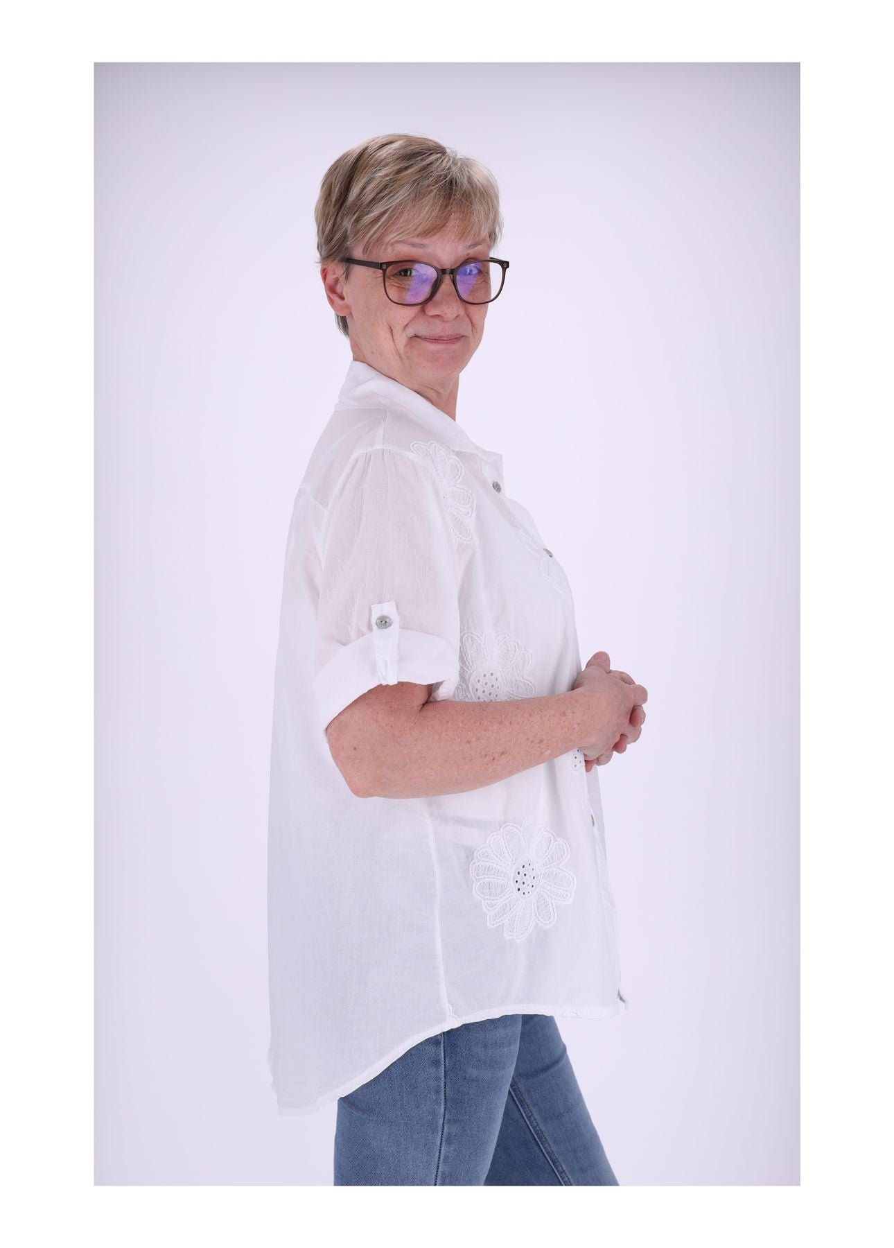 Bluse Stickerei Kurzarm Krempelarm