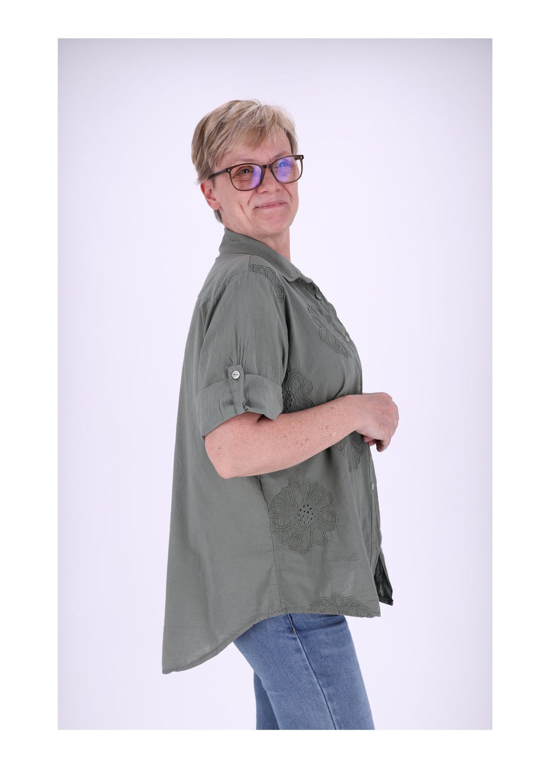 Bluse Stickerei Kurzarm Krempelarm