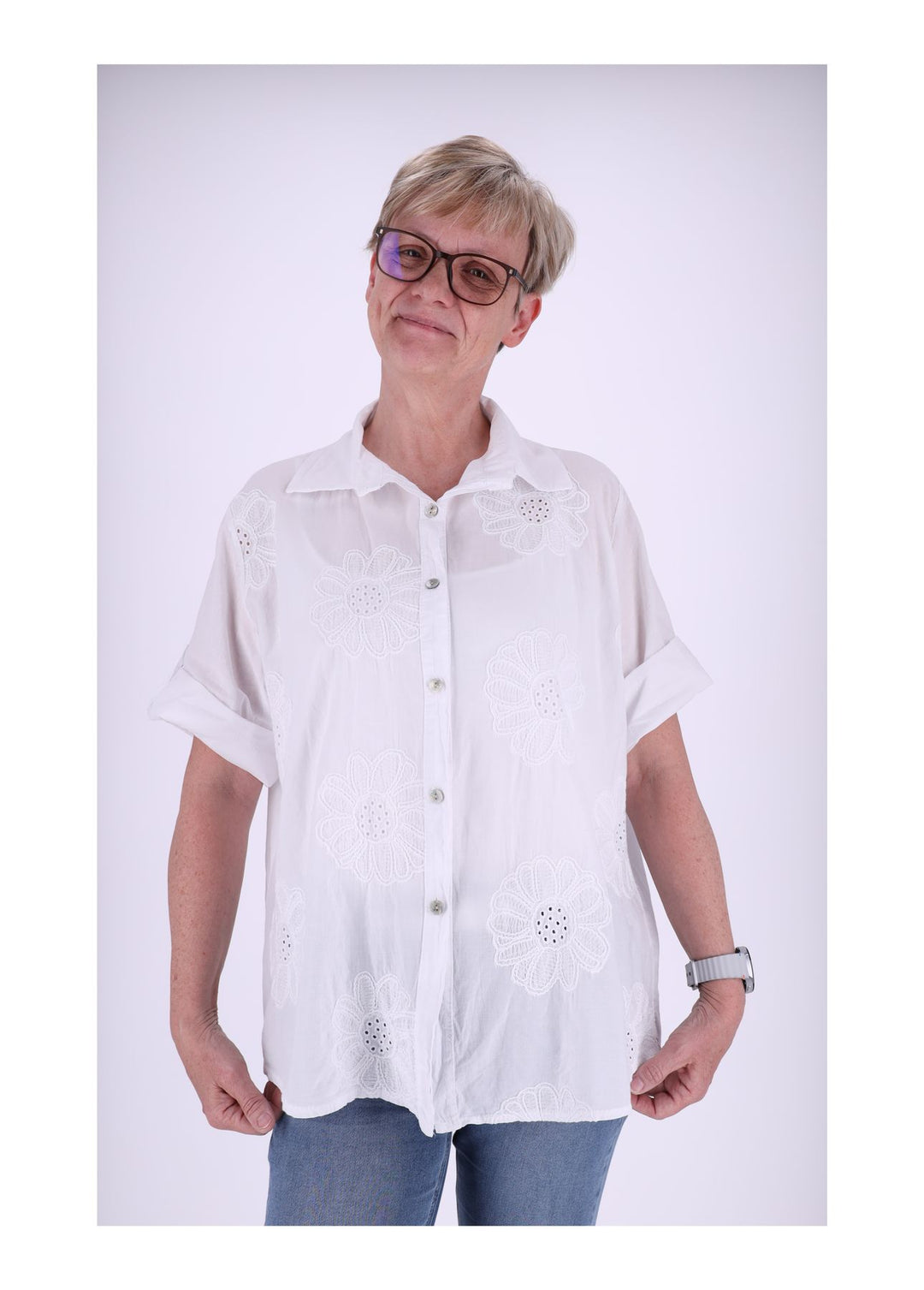 Bluse Stickerei Kurzarm Krempelarm