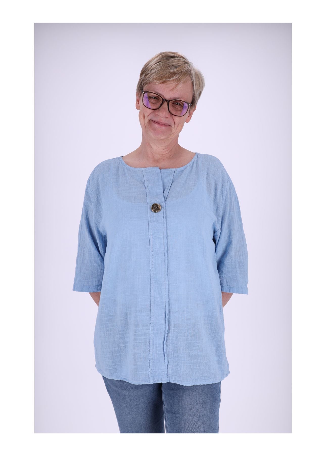 T-Shirt Damen Leinenoptik Knopf