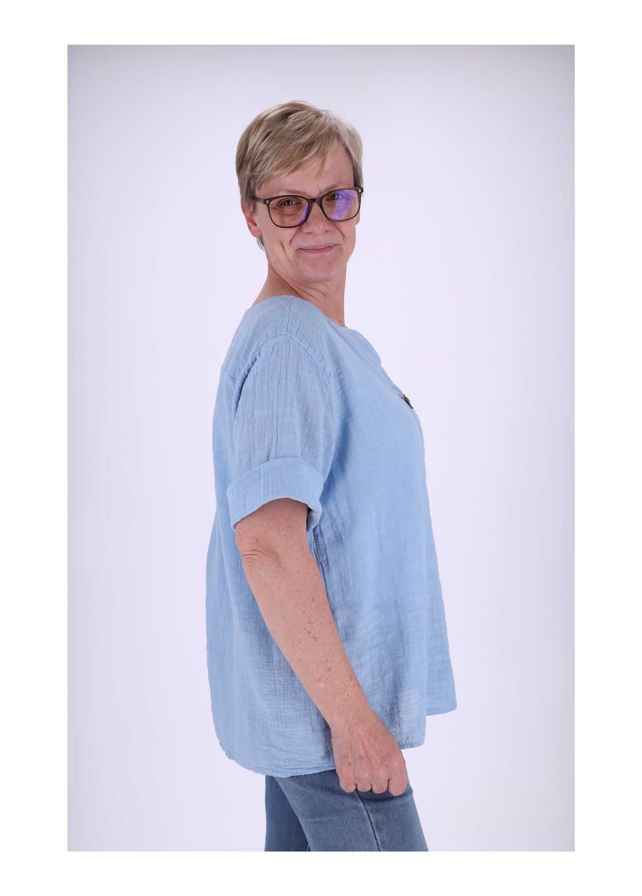 T-Shirt Damen Leinenoptik Knopf