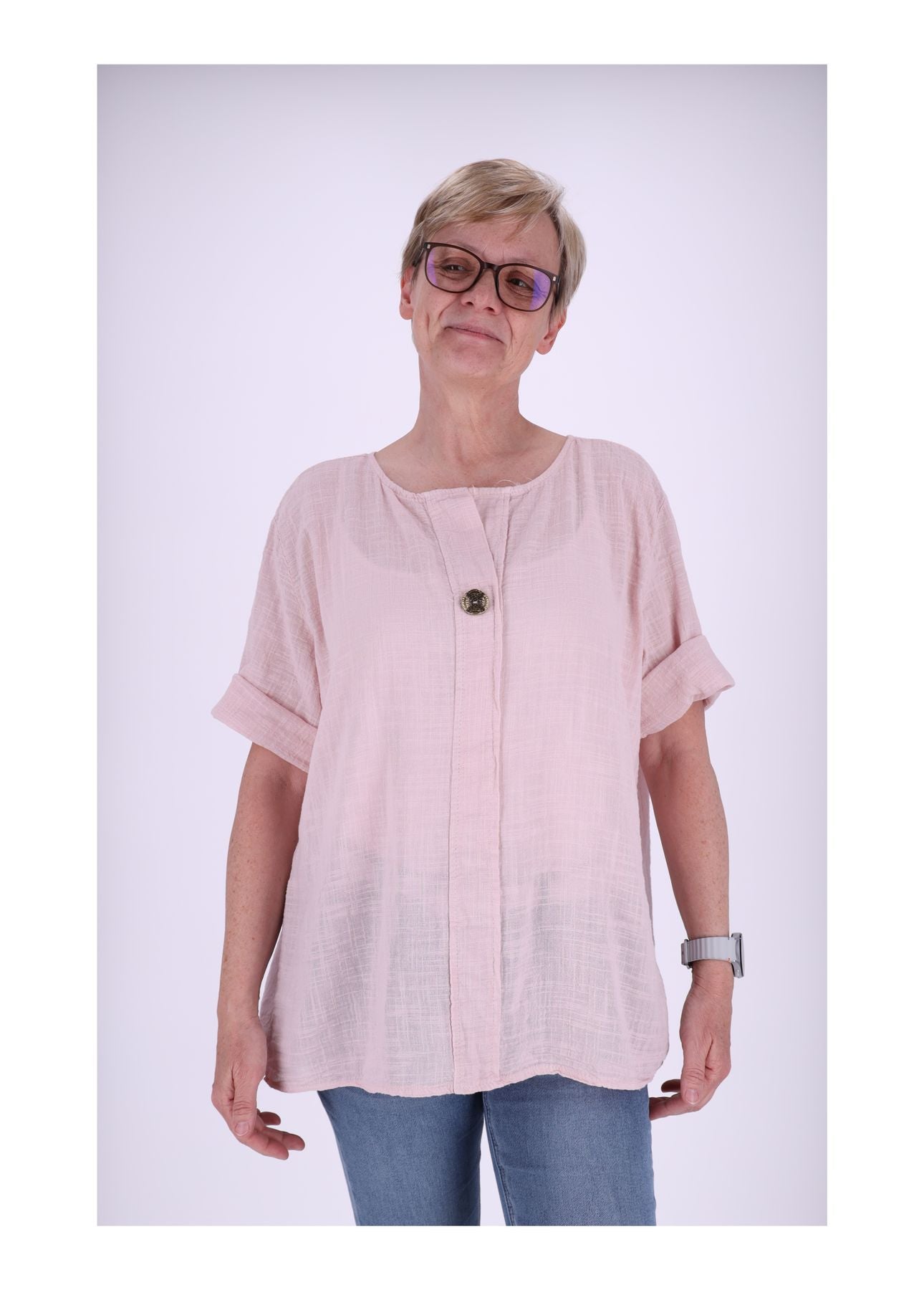 T-Shirt Damen Leinenoptik Knopf