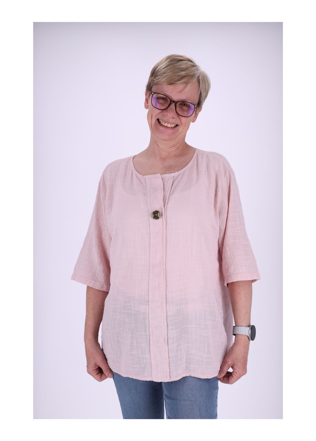 T-Shirt Damen Leinenoptik Knopf