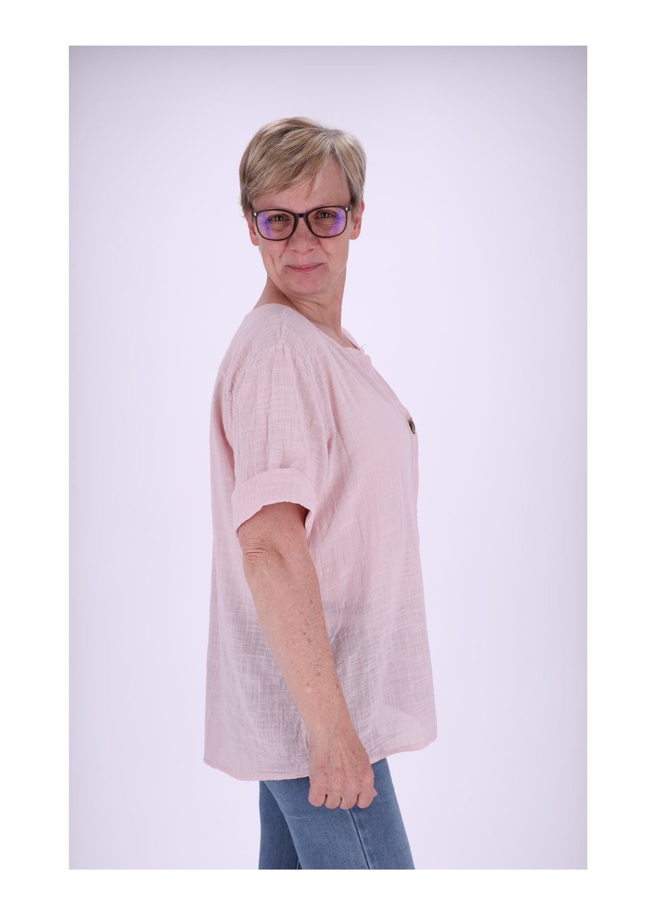 T-Shirt Damen Leinenoptik Knopf