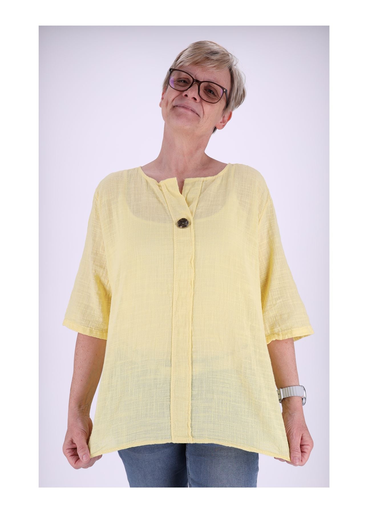 T-Shirt Damen Leinenoptik Knopf