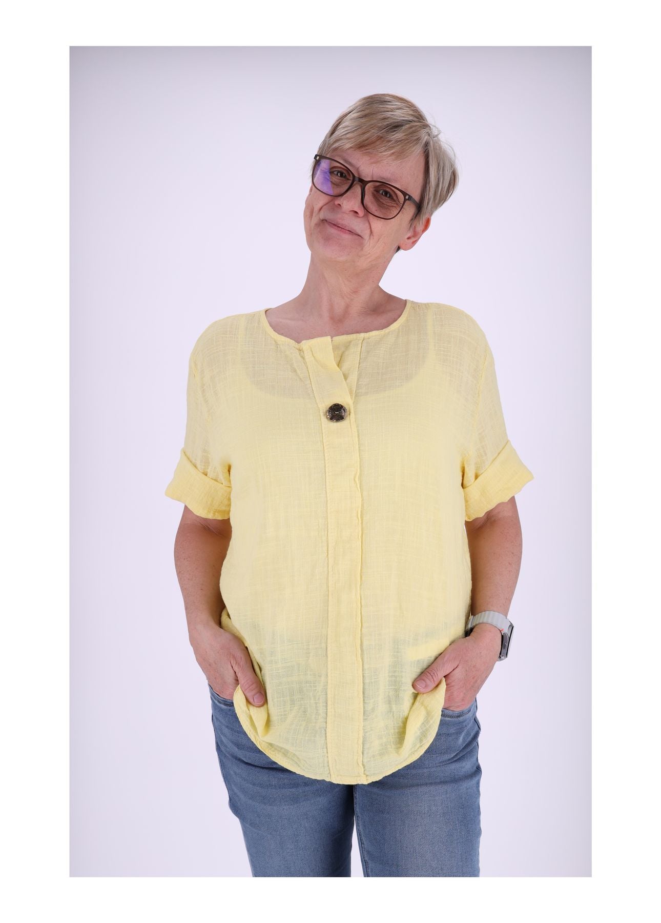 T-Shirt Damen Leinenoptik Knopf