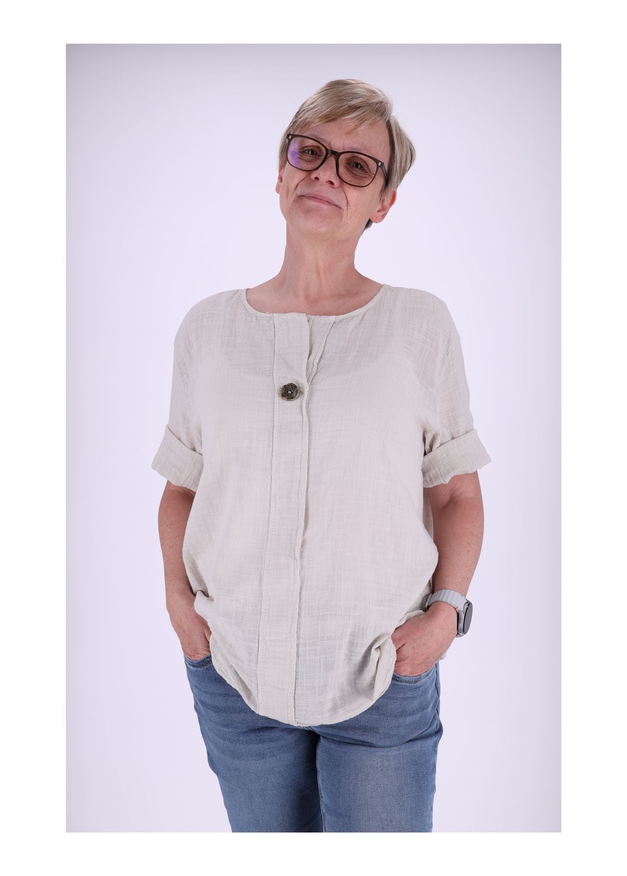 T-Shirt Damen Leinenoptik Knopf