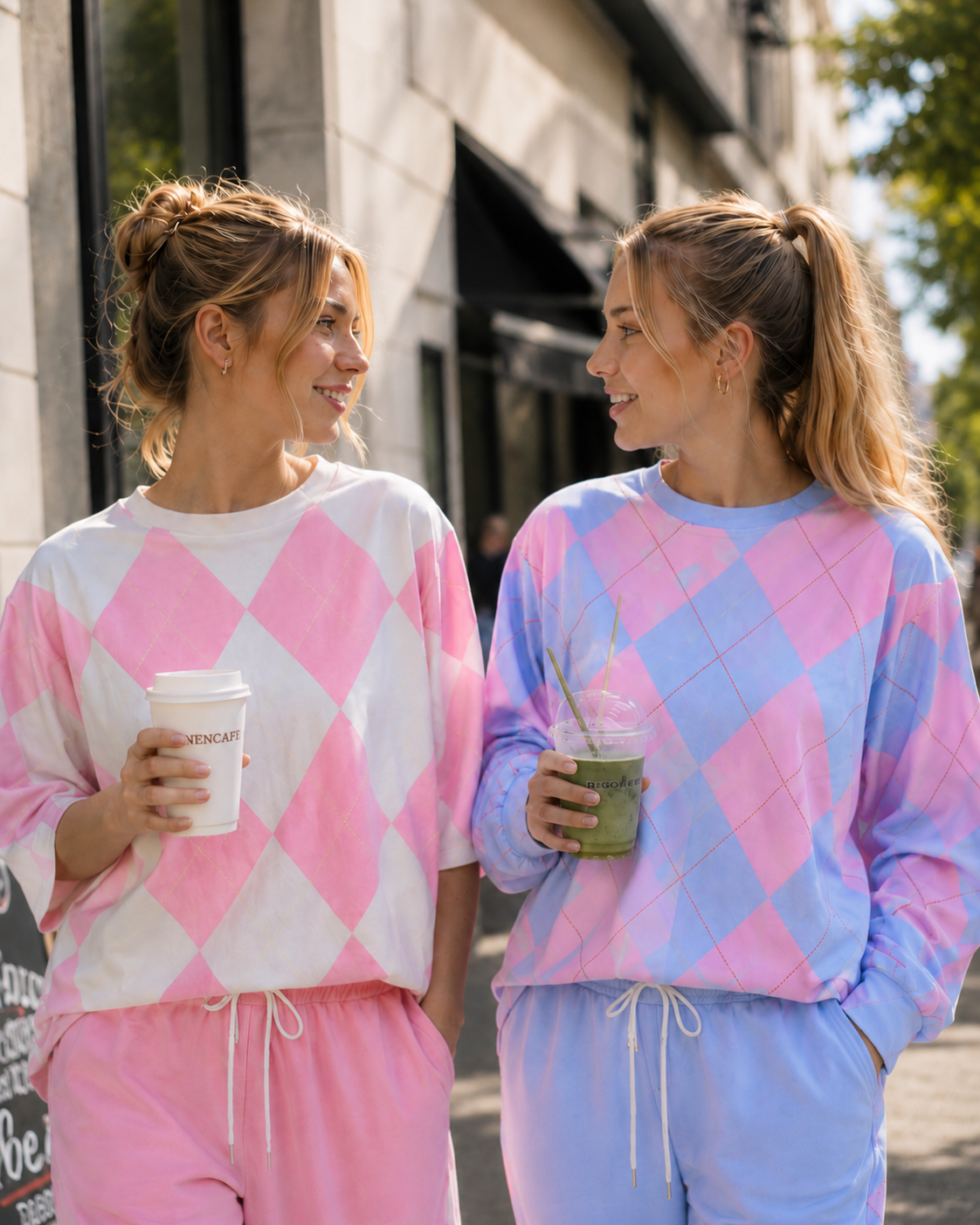 Zwei Frauen tragen farbenfrohe Loungewear in Rosa- und Pastelltönen und genießen Getränke bei einem entspannten Stadtbummel.