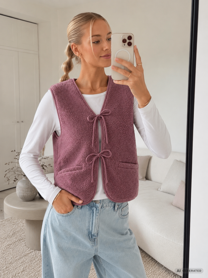 Kundin trägt beerenfarbene Teddy-Weste mit weißem Langarmshirt und heller Jeans bei einem Spiegel-Selfie.